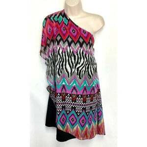 Bisou Bisou Michele Bohbot Womens Ikat One Shoulder Lined Tunic Dress Size 12